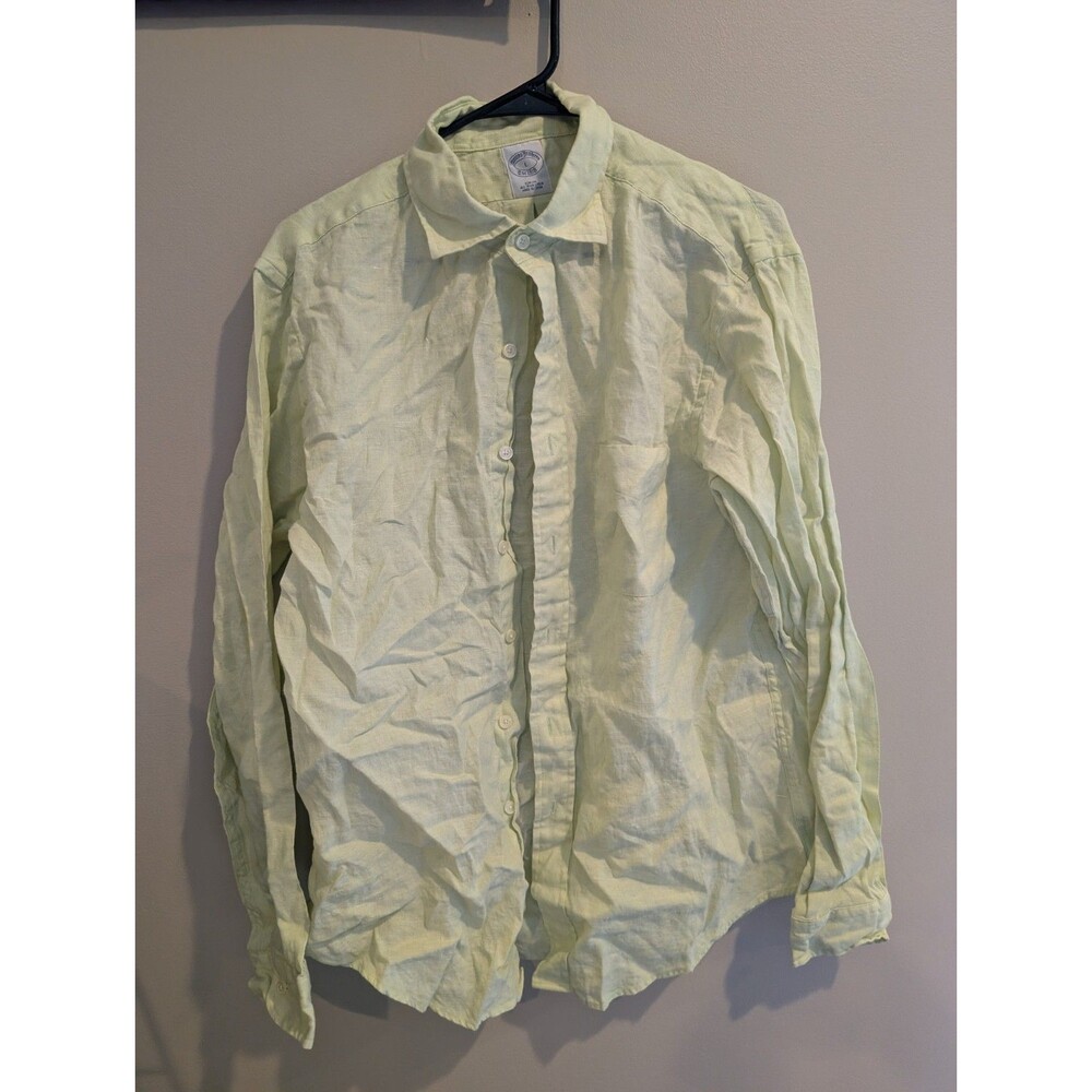 Brooks Brothers Shirt Men sz L Light Yellow Green Irish Linen Button Long Sleeve